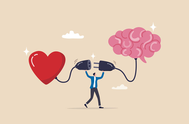 Illustration einer Figur im Anzug, die ein Herz mit einem Hirn mit einem Kabel verbindet, symbolisch für die emotionale Intelligenz