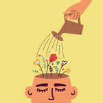 Illustration eines von Blumen, die aus einem Kopf spriessen und gegiesst werden, symbolisch für inneres Wachstum