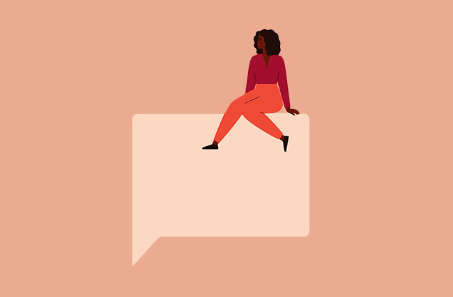 Illustration einer Frau, die auf einer Sprechblase sitzt