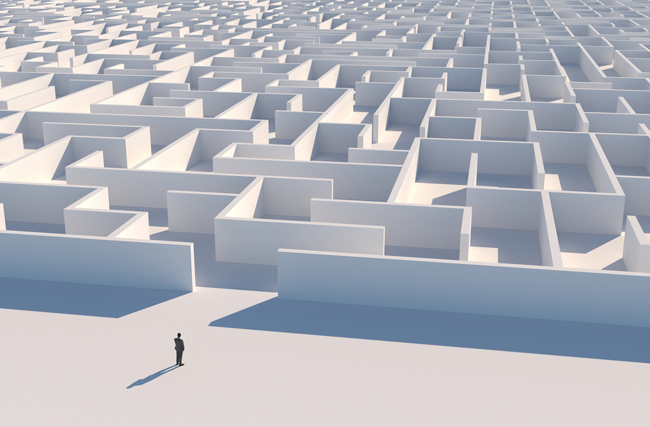 Illustration eines Mannes, der vor einem riesigen Labyrinth steht