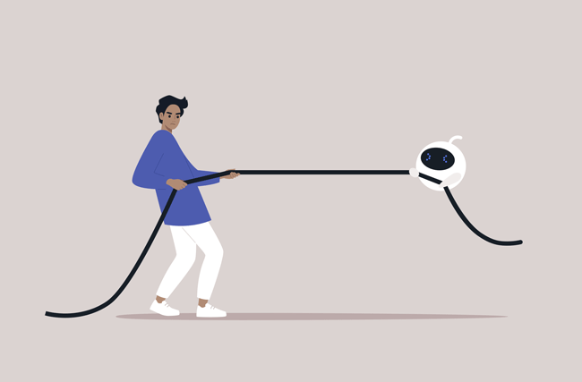 Illustration eines Seilziehlwettbewerb zwischen einem jungen Mann und einem Roboter