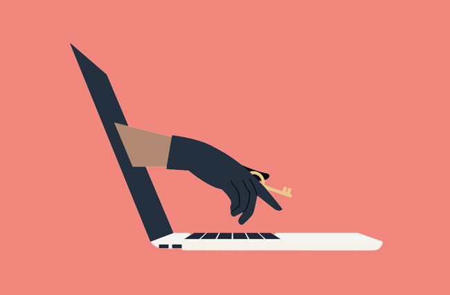 Illustration einer Hand mit Handschuh, die aus dem Computerbildschirm herausreicht um sich einen Schlüssel zu nehmen