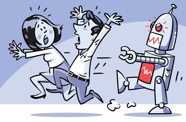 Comic eines Roboters, der zwei Menschen im Büro jagt