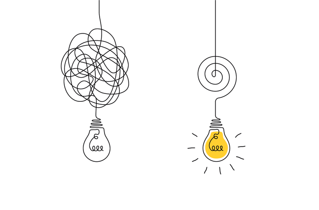 Illustration zwei Glühbirnen, die von einer Decke hängen. Eine leuchtet nicht, weil ihr Kabel sich verknotet hat. Die andere ist ordentlich angeordnet und leuchtet, symbolisch wie Business Process Engineering im Unternehmen zum Erfolgsfaktor werden kann.