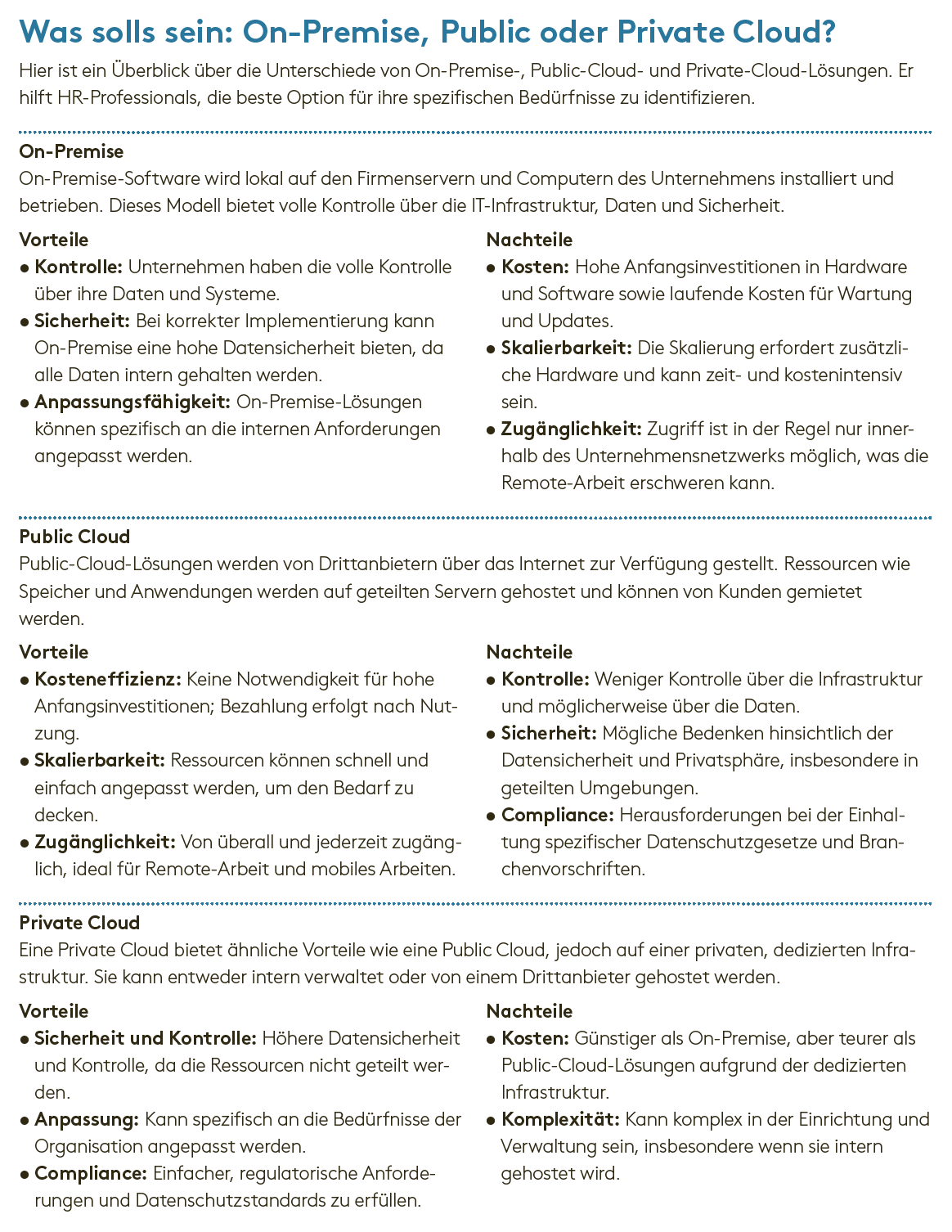Entscheidungsmatrix mit Vor- und Nachteilen verschiedener Cloud-Optionen