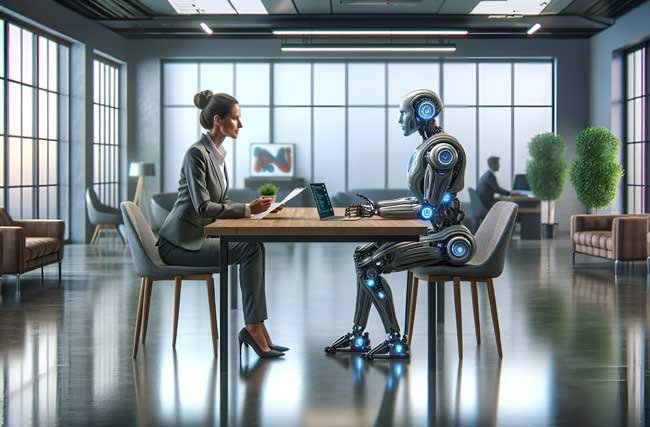 KI generiertes Bild einer Frau und eines Androids, die sich an einem Schreibtisch in einem Büro gegenübersitzen