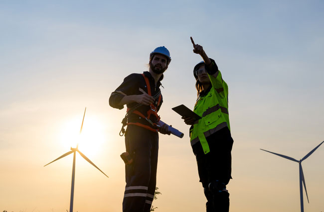 Ingenieurin und Installateur besprechen Konstruktionspläne. Im Hintergrund stehen Windräder.