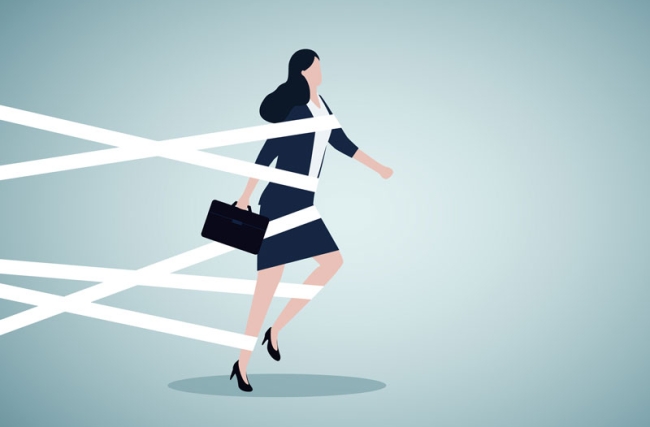 Illustration einer Frau, die beim Gehen von Bändern behindert wird