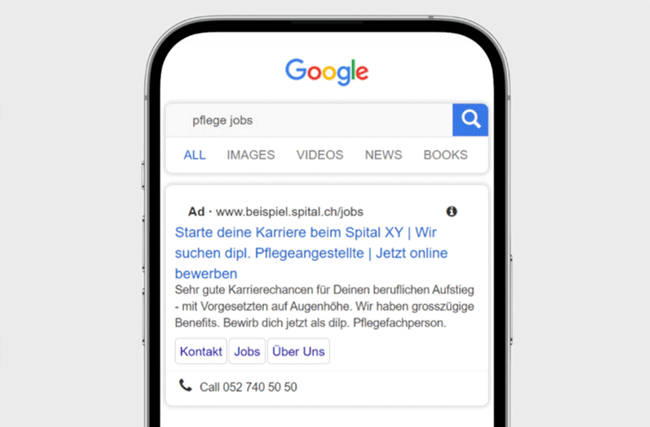Screenshot einer Googlesuche für Pflegejobs zeigt, wie wichtig die Auseinandersetzung mit Google Recruiting Ads ist