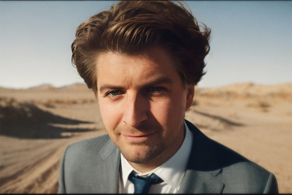 Der Schweizer Komiker Karpi (Patrick Karpiczenko) steht in einem grauen Anzug mit weißem Hemd und blauer Krawatte in einer wüstenartigen Landschaft, vermutlich der Mojave-Wüste. Er blickt direkt in die Kamera, leicht lächelnd, das Sonnenlicht wirft klare Schatten auf sein Gesicht.