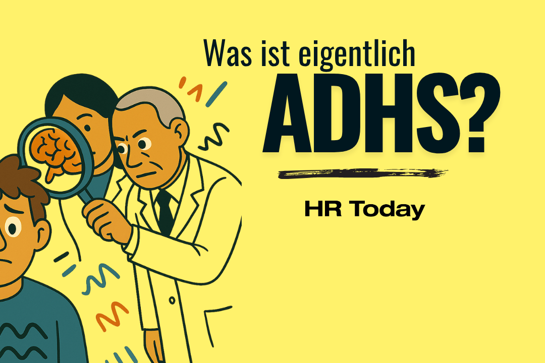 Was ist eigentlich ADHS? – Teaserbild mit Comic-Illustration, die Menschen zeigt, die das Hirn einer Person mit ADHS mittels Lupe untersuchen.