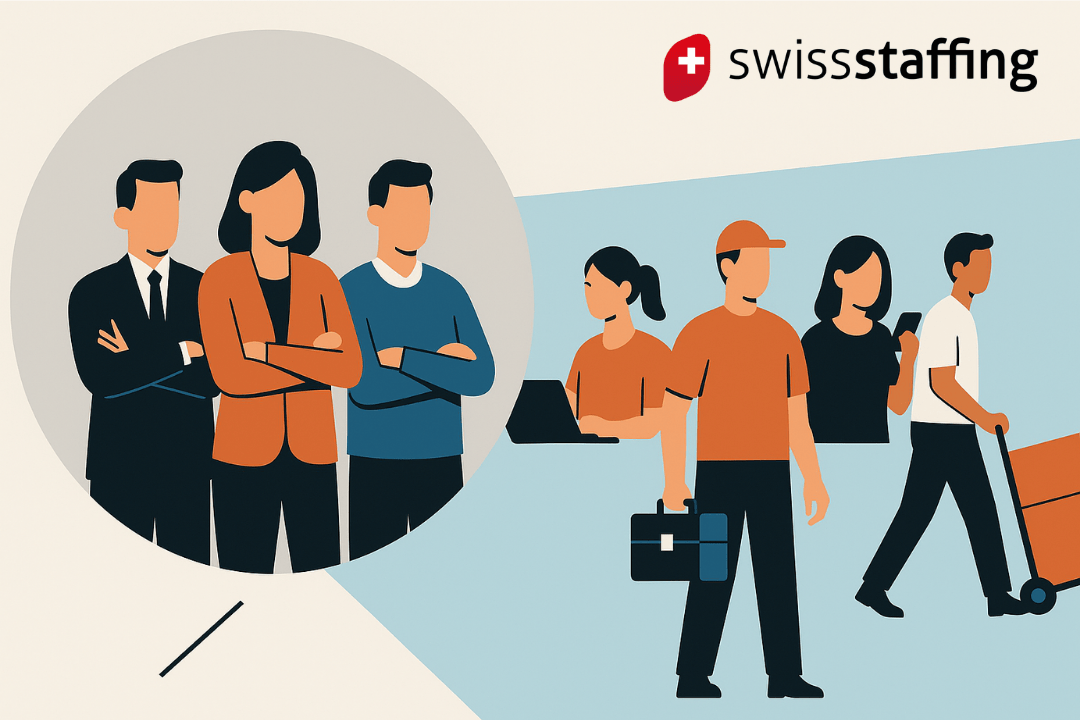 Illustration im Vektorstil zeigt links drei formell gekleidete Personen in einem grauen Kreis – sie symbolisieren die Kernbelegschaft mit unbefristeten Anstellungen. 