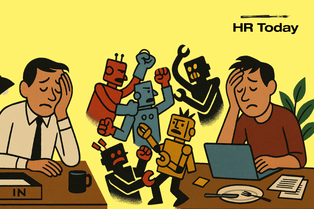 Illustration vor gelbem Hintergrund: Links sitzt ein Recruiter mit der Hand an der Stirn an einem Schreibtisch mit Eingangskorb und Tasse. Rechts hält sich eine arbeitssuchende Person am Laptop den Kopf; vor ihr liegen Teller, Besteck und Papiere. In der Mitte geraten mehrere bunte Roboter aneinander – Sinnbild für KI im Bewerbungsprozess. Oben rechts steht das Logo «HR Today».