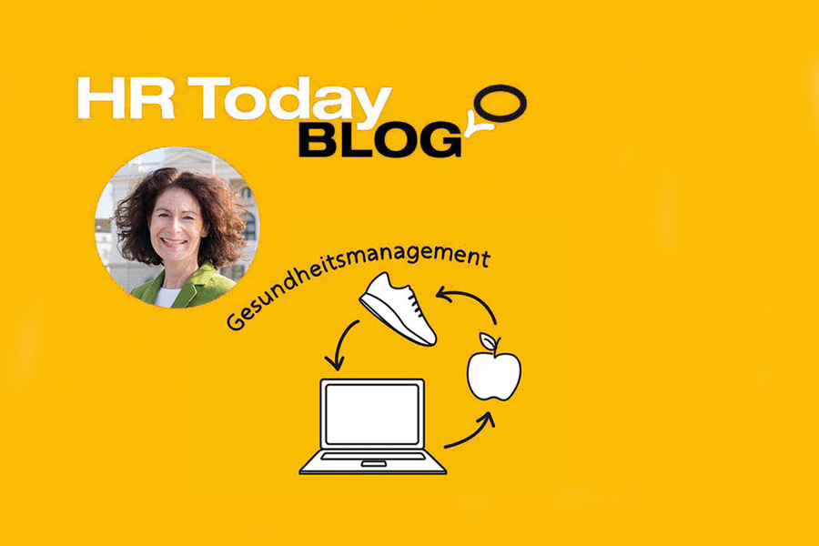 Grafik auf gelbem Hintergrund: «HR Today BLOG»-Schriftzug, rundes Porträt einer lächelnden Frau. Darunter Piktogramme von Turnschuh, Apfel und Laptop im Kreislauf, beschriftet «Gesundheitsmanagement».