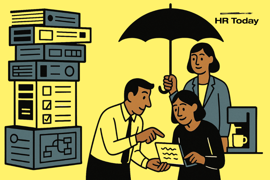 Die Illustration zeigt einen Bücherturm und zwei Mitarbeitende beim Austausch unter der Schirmherrschaft einer HR-Angestellten.