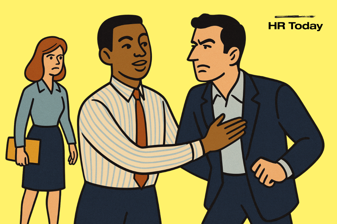 Das Bild zeigt eine Illustration, in der ein Mann einen anderen Mann zurückhält, der energisch auf eine Frau zugehen will. Die Illustration imitiert das "Bro, not cool!"-Meme.