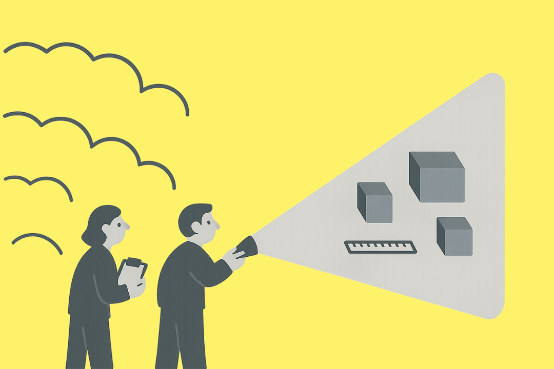 Zwei Comicfiguren beleuchten Objekte.