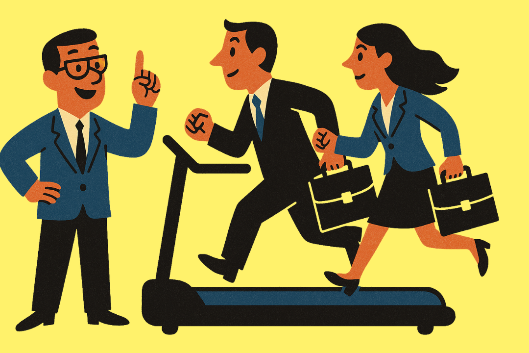 Illustration von drei Geschäftsleuten in Anzügen vor gelbem Hintergrund: Zwei Personen, ein Mann und eine Frau, laufen mit Aktentaschen auf einem Laufband, während eine dritte Person daneben steht, lächelt und mit erhobenem Zeigefinger etwas erklärt oder anweist. 