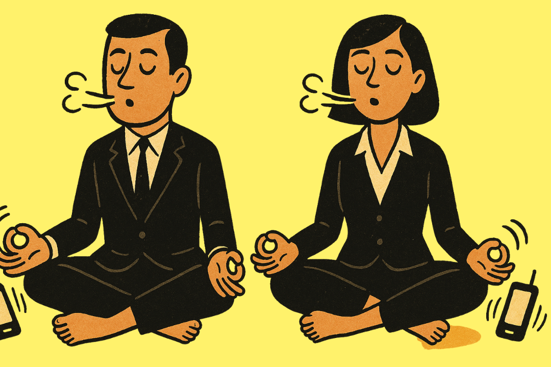 Illustration von einem Mann und einer Frau in Businesskleidung, die im Schneidersitz meditieren. Beide haben die Augen geschlossen und atmen tief aus. In ihren Händen halten sie die Finger in einer Meditationshaltung. Neben beiden vibrieren Mobiltelefone, die sie jedoch ignorieren. Der Hintergrund ist gelb.