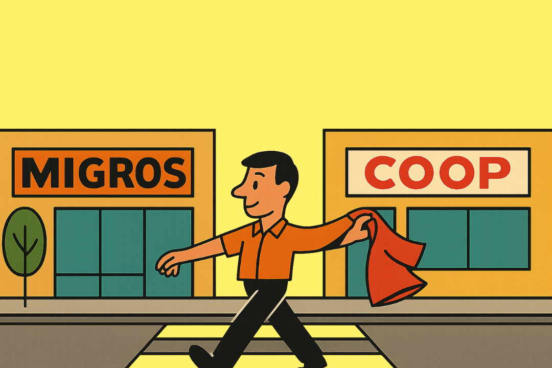 Illustration eines Mannes, der fröhlich auf einem Fussgängerstreifen zwischen zwei Supermärkten geht – Migros auf der linken Seite und Coop auf der rechten. Der Mann trägt ein orangefarbenes Migros-Hemd und entledigt sich des roten Coop-Hemdes.