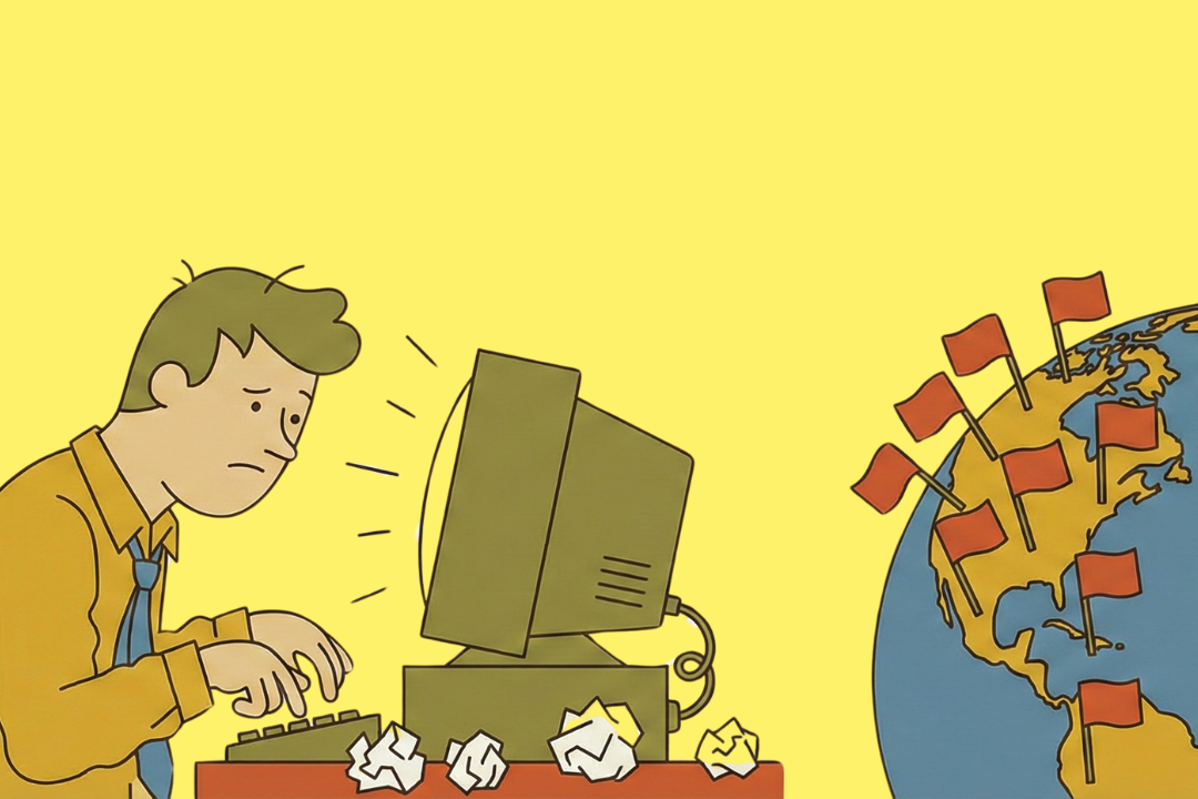 Illustration eines besorgt wirkenden Mannes, der an einem alten Computer sitzt und tippt. Auf dem Boden liegen zerknüllte Papierblätter. Rechts im Bild ist ein Globus zu sehen, in den zahlreiche rote Fahnen gesteckt sind. Die Szene vermittelt den Eindruck von Frustration bei der weltweiten Stellensuche oder Online-Bewerbung.