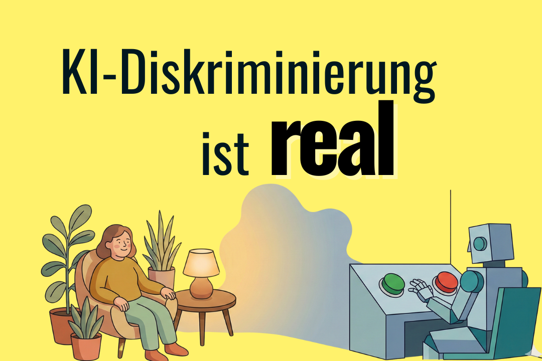 Illustration einer Frau, die entspannt in einem Sessel sitzt, umgeben von Zimmerpflanzen und einer Tischlampe. Gegenüber sitzt ein Roboter an einem Pult mit einem grünen und einem roten Knopf. Die Szene stellt eine Mischung aus häuslicher Atmosphäre und technischer Interaktion dar. Titel: KI-Diskriminierung ist real