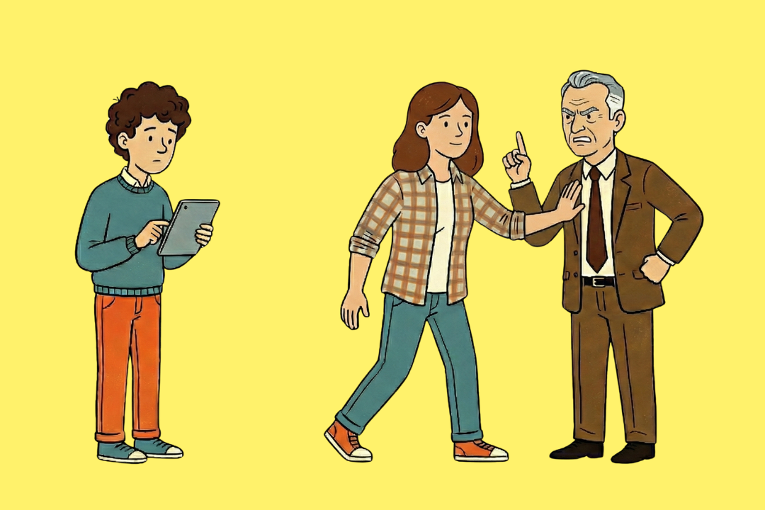 Eine Cartoon-Illustration auf gelbem Hintergrund, die drei Personen zeigt. Links steht eine Person mit lockigen Haaren und schaut auf ein Tablet. In der Mitte steht eine Frau in einem karierten Hemd, die schlichtend eingreift und ruhig eine Hand hebt, um einen älteren Mann im Anzug auf der rechten Seite zu stoppen. Der Mann im Anzug wirkt wütend und hat den Zeigefinger belehrend erhoben.