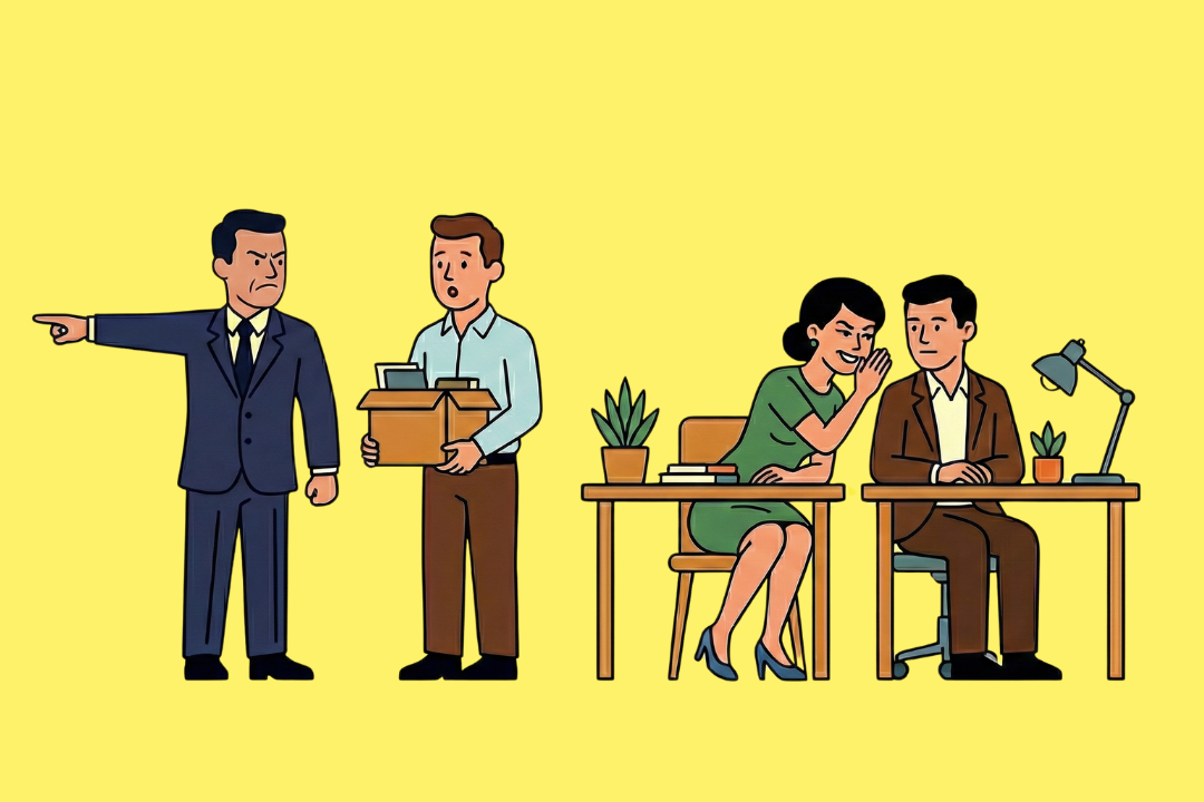 Eine Illustration, die eine Entlassung im Büro darstellt. Auf der linken Seite starrt ein wütender Chef in einem blauen Anzug einen Mitarbeiter an, während er bestimmt nach links zeigt. Der Mitarbeiter steht in der Mitte, wirkt überrascht und bestürzt und hält einen Karton mit seinen Schreibtischutensilien in den Händen. Auf der rechten Seite sitzen zwei Kollegen an ihren Schreibtischen; eine Frau in einem grünen Kleid lächeltwährend sie einem neutral dreinblickenden Mann zuflüstert, der neben ihr sitzt.