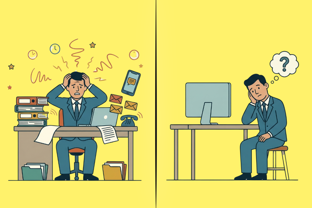 Zweigeteilte Illustration eines Büroangestellten, die Burnout und Boreout gegenüberstellt: Links sitzt der Mann gestresst und verzweifelt an einem völlig überladenen Schreibtisch, rechts hockt er apathisch und unterfordert vor einem leeren Bildschirm.