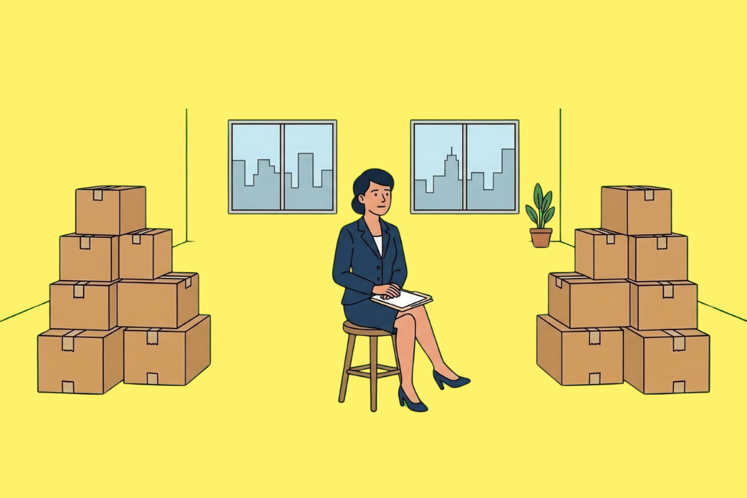 Illustration, die eine weibliche Führungskraft in einem Business-Anzug zeigt, die auf einem Hocker in der Mitte eines leeren Büros sitzt. Die Komposition ist symmetrisch: Links und rechts von der Frau stehen Stapel von Umzugskartons. Im Hintergrund befinden sich zwei Fenster mit einer stilisierten Stadtsilhouette und eine kleine Zimmerpflanze.