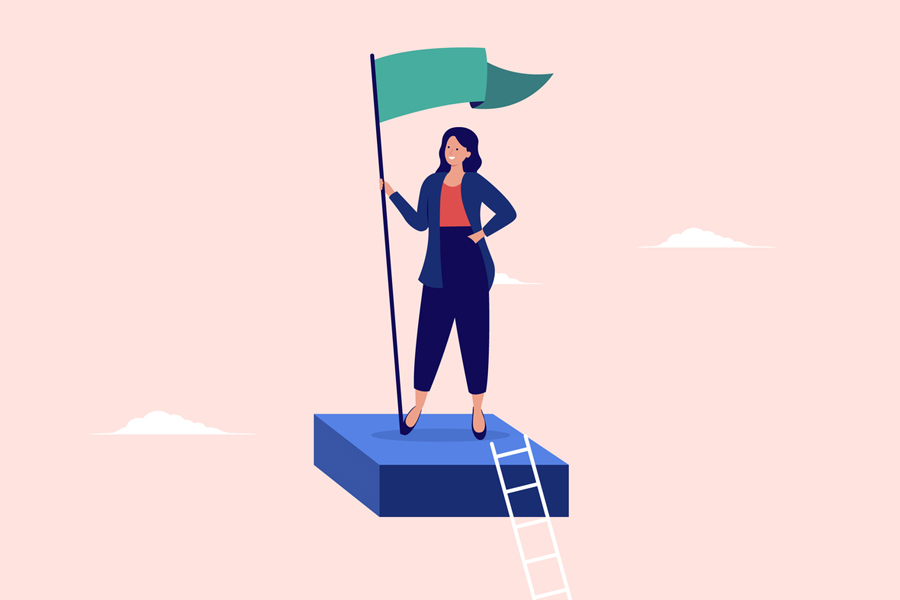 Illustration d'uune femme qui a réussi, au sommet de sa carrière, avec un drapeau vert