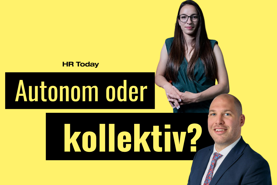 Teasergrafik auf gelbem Hintergrund, zwei Personen. Dazu der Schriftzug "Autonom oder kollektiv?"