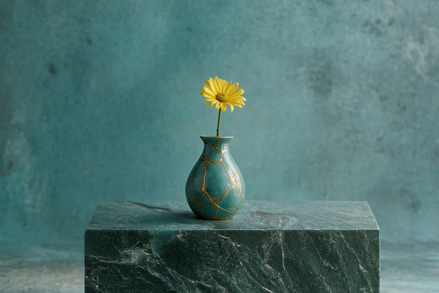 Un vase réparé, avec une fleur de tournesol