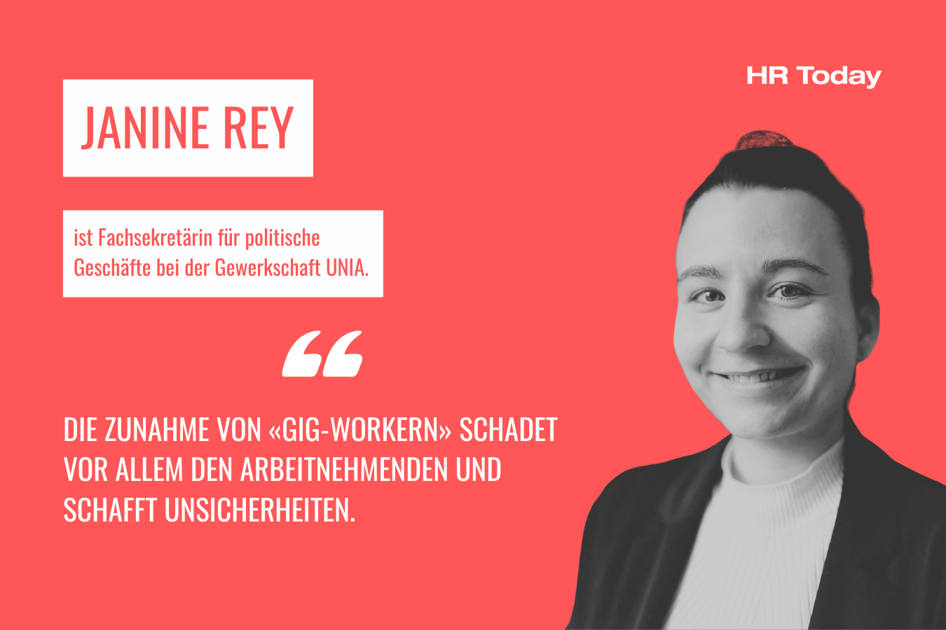 Janine Rey ist Fachsekretärin für politische Geschäfte bei der Gewerkschaft UNIA. Sie sagt: "Die Zunahme von «Gig-Workern» schadet vor allem den Arbeitnehmenden und schafft Unsicherheiten." Das Bild zeigt eine junge Frau mit weissem Rollkragenpullover und Sakko. Sie lächelt freundlich.