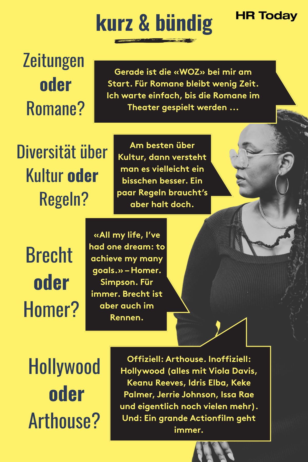 Das Bild zeigt 4 kurze Fragen und dazugehörige Sprechblasen. Ganz rechts im Bild Yuvviki Dioh in schwarz/weiss. Text: Hollywood oder Art House? Offiziell: Art House. Inoffiziell: Hollywood (alles mit Viola Davis, Keanu Reeves, Idris Elba, Keke Palmer, Jerrie Johnson, Issa Rae und eigentlich noch viele mehr). Und: ein grande Actionfilm geht immer. Bertolt Brecht oder Homer? «All my life, I’ve had one dream: to achieve my many goals.» – Homer. Simpson. Für Immer. Brecht ist aber auch im Rennen. Romane oder Zeitungen? Gerade ist die WOZ bei mir am Start. Für Romane bleibt wenig Zeit. Ich warte einfach, bis im Theater die Romane gespielt werden… Diversität über Kultur oder Regeln? -Am besten über Kultur, dann verstehen wir’s vielleicht ein bisschen besser. Ein paar Regeln braucht’s aber halt doch.