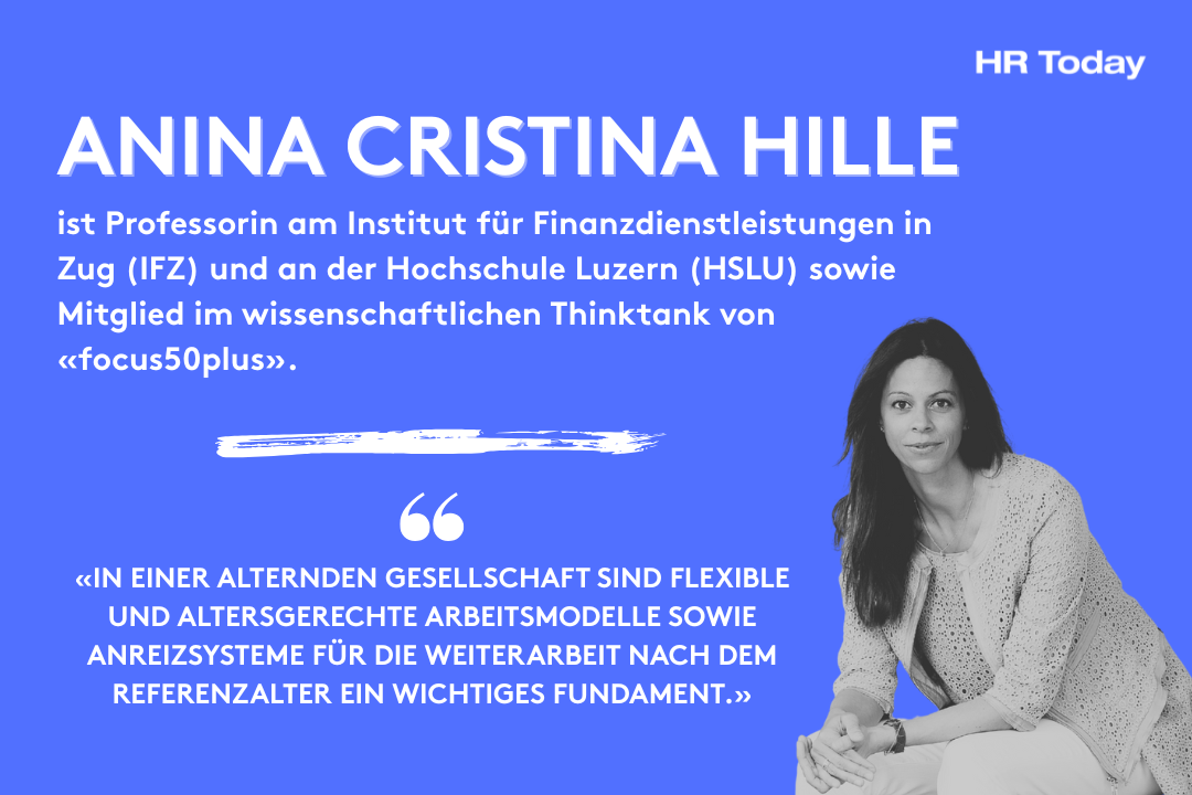 Porträt einer Frau vor blauem Hintergrund. Links im Bild steht in grossen weissen Buchstaben „Anina Cristina Hille“. Darunter in kleinerer Schrift: „ist Professorin am Institut für Finanzdienstleistungen in Zug (IFZ) und an der Hochschule Luzern (HSLU) sowie Mitglied im wissenschaftlichen Thinktank von ‹focus50plus›.“ Weiter unten ein Zitat in Grossbuchstaben: «In einer alternden Gesellschaft sind flexible und altersgerechte Arbeitsmodelle sowie Anreizsysteme für die Weiterarbeit nach dem Referenzalter ein wichtiges Fundament.» Oben rechts befindet sich das Logo „HR Today“. 