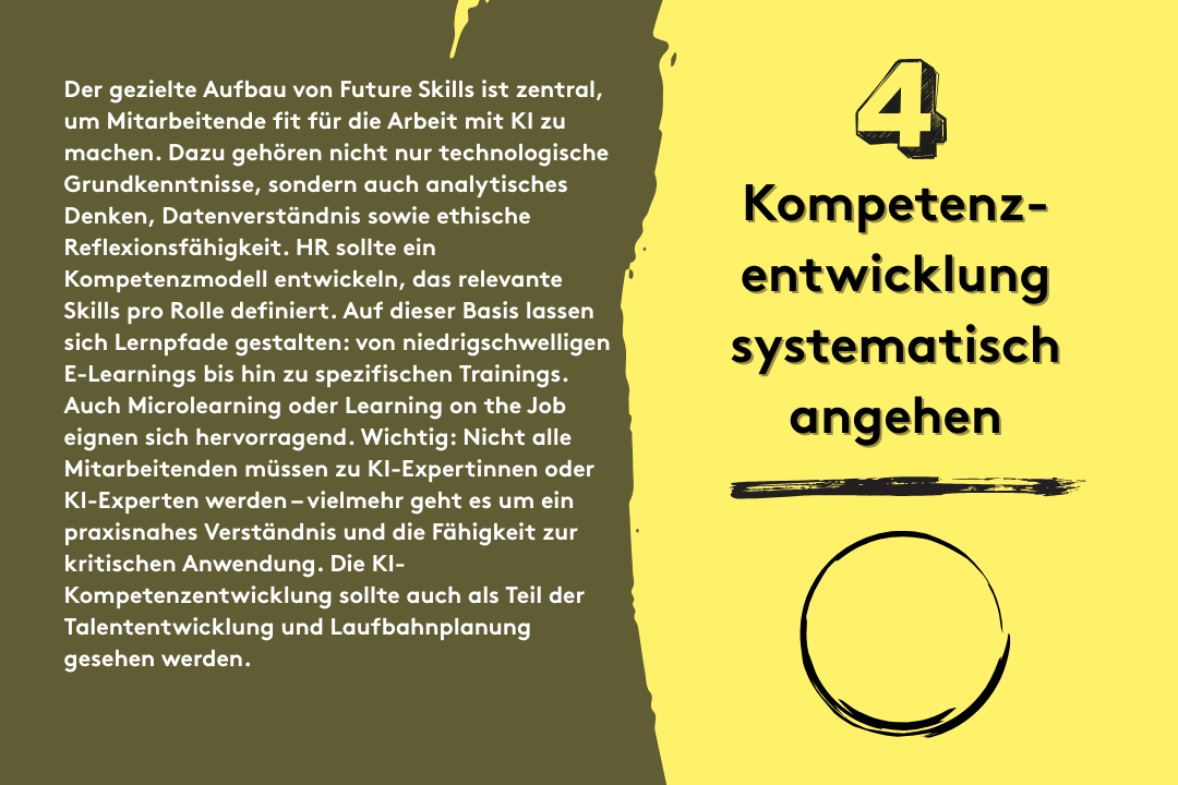 5. Kompetenzentwicklung systematisch angehen: Der gezielte Aufbau von Future Skills ist zentral, um Mitarbeitende fit für die Arbeit mit KI zu machen. Dazu gehören nicht nur technologische Grundkenntnisse, sondern auch analytisches Denken, Datenverständnis sowie ethische Reflexionsfähigkeit. HR sollte ein Kompetenzmodell entwickeln, das relevante Skills pro Rolle definiert. Auf dieser Basis lassen sich Lernpfade gestalten: von niedrigschwelligen E-Learnings bis hin zu spezifischen Trainings. Auch Microlearning oder Learning on the Job eignen sich hervorragend. Wichtig: Nicht alle Mitarbeitenden müssen zu KI-Expertinnen oder KI-Experten werden – vielmehr geht es um ein praxisnahes Verständnis und die Fähigkeit zur kritischen Anwendung. Die KI-Kompetenzentwicklung sollte auch als Teil der Talententwicklung und Laufbahnplanung gesehen werden.