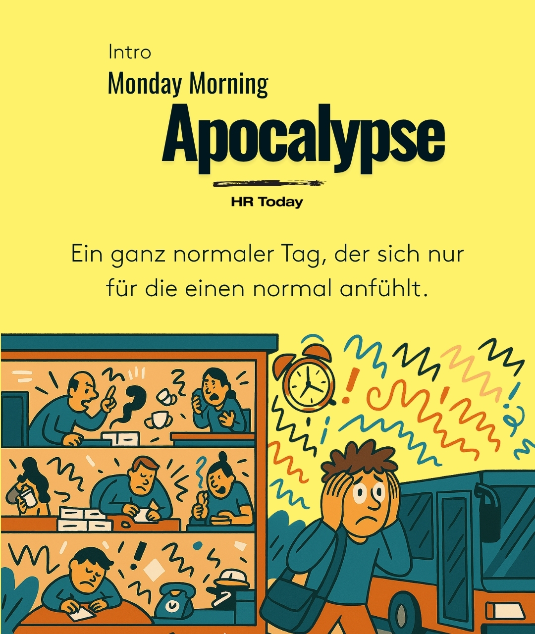 Intro-Bild für die Sommerserie. Eine Figur steigt aus dem Bus und ist bereits von Geräuschen übermannt. Daneben ein Bürogebäude im Querschnitt, darin allerlei Gewusel.