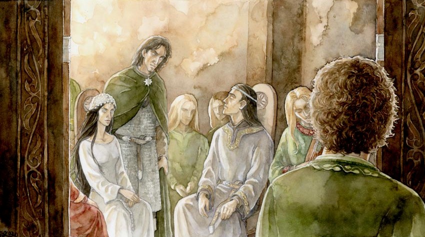 Eine Aquarell-Illustration von Anke Eissmann, die eine feierliche Versammlungsszene, vermutlich aus „Der Herr der Ringe“ (Bruchtal), in warmen Erdtönen zeigt. Der Betrachter schaut über die Schulter einer Figur im rechten Vordergrund, die braune Locken und ein grünes Gewand trägt (vermutlich ein Hobbit). Im Zentrum sitzt ein dunkelhaariger Elb (Elrond) in einem grauen Gewand auf einem verzierten Holzstuhl. Links von ihm sitzt eine dunkelhaarige Frau (Arwen) in einem weißen Kleid. Hinter ihr steht ein großer, ernst blickender Mann (Aragorn) in einem Kettenhemd und einem dunkelgrünen Umhang, der mit einer silbernen, sternförmigen Brosche zusammengehalten wird. Im Hintergrund stehen mehrere blonde Elben.