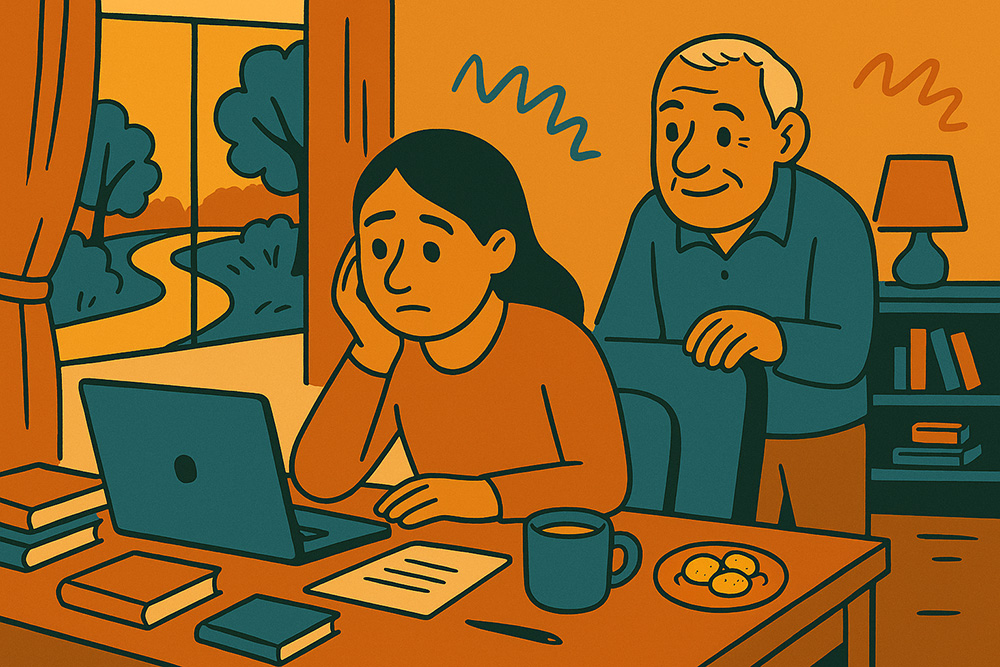 Flache, farbkräftige Illustration im mid-century-modern-Stil: Eine junge Frau sitzt nachdenklich am Schreibtisch mit Laptop, während ein älterer Mann lächelnd hinter ihr steht und sie beruhigend unterstützt.