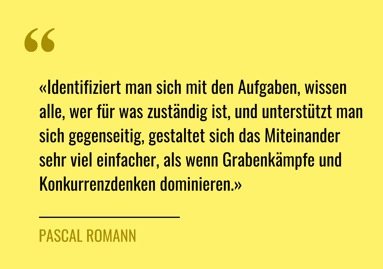 Zitat von Pascal Romann: «Identifiziert man sich mit den Aufgaben, wissen alle, wer für was zuständig ist, und unterstützt man sich gegenseitig, gestaltet sich das Miteinander sehr viel einfacher, als wenn Grabenkämpfe und Konkurrenzdenken dominieren.»