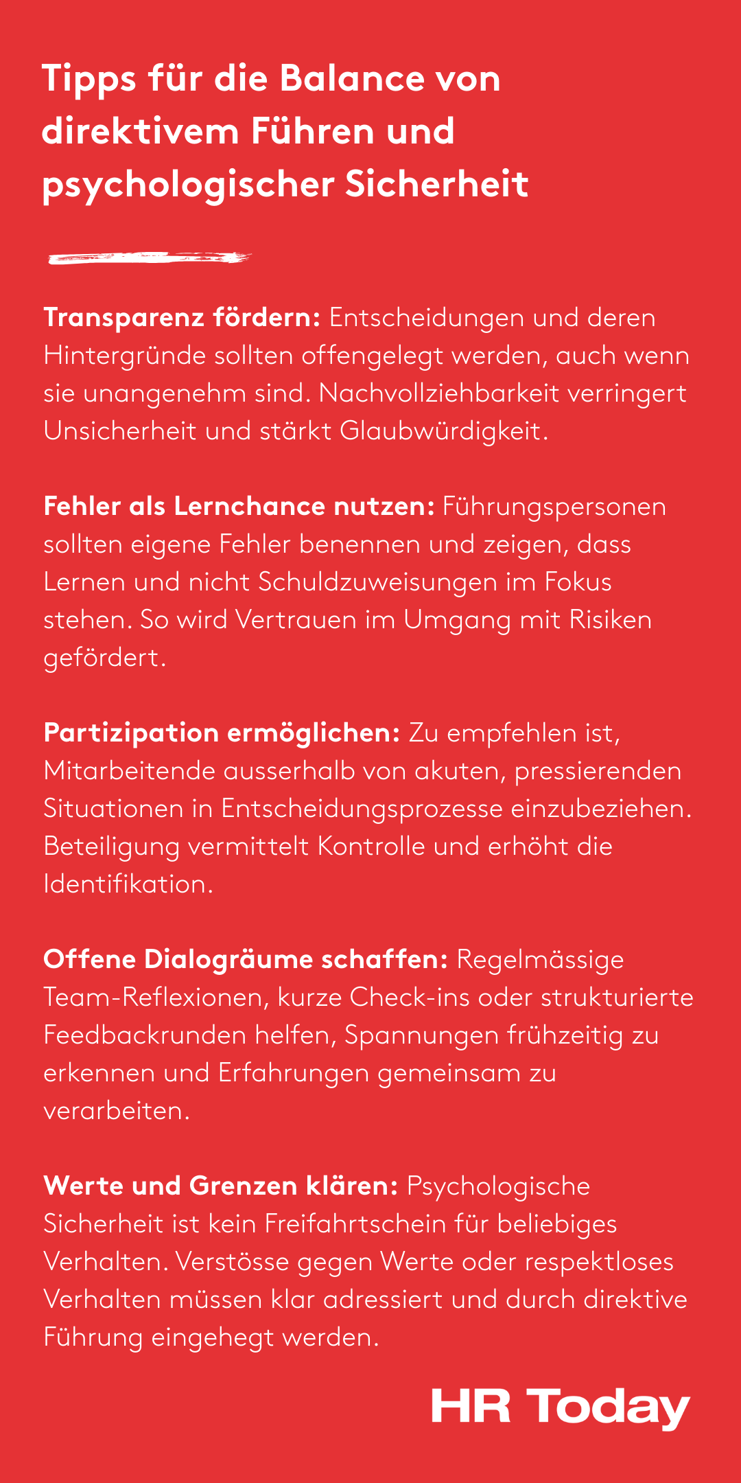 Infografik mit dem Titel „Tipps für die Balance von direktivem Führen und psychologischer Sicherheit“ auf rotem Hintergrund. Sie listet fünf Tipps auf: 1. Transparenz fördern, 2. Fehler als Lernchance nutzen, 3. Partizipation ermöglichen, 4. Offene Dialogräume schaffen, 5. Werte und Grenzen klären. Jeder Punkt ist mit einer kurzen Erläuterung versehen. Unten rechts steht das Logo „HR Today“ in weisser Schrift.