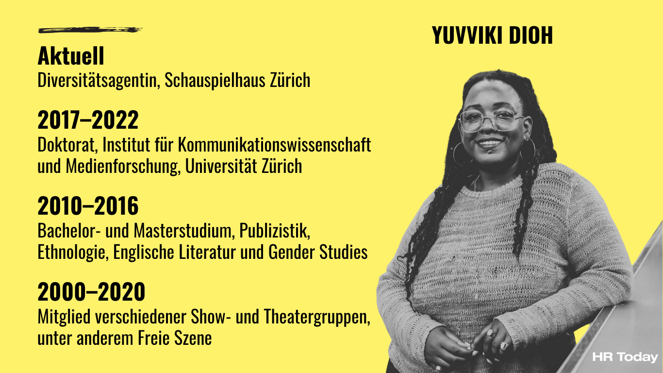 Das Bild zeigt Yuvviki Dioh, die sich rechts an einen Tresen lehnt. Sie hat lange Haare, trägt Brille, grosse runde Ohrringe und einen Strickpulli. Links Angaben zu ihrer Vita: Aktuell Diversitätsagentin, Schauspielhaus Zürich 2017–2022 Doktorat, Institut für Kommunikationswissenschaft und Medienforschung, Universität Zürich 2010–2016 Bachelor- und Masterstudium, Publizistik, Ethnologie, Englische Literatur und Gender Studies 2000–2020 Mitglied verschiedener Show- und Theatergruppen, unter anderem Freie Szene