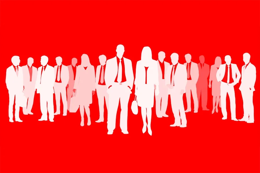 Management à la suisse: illustrations d'hommes et de femmes d'affaires sur un fond rouge