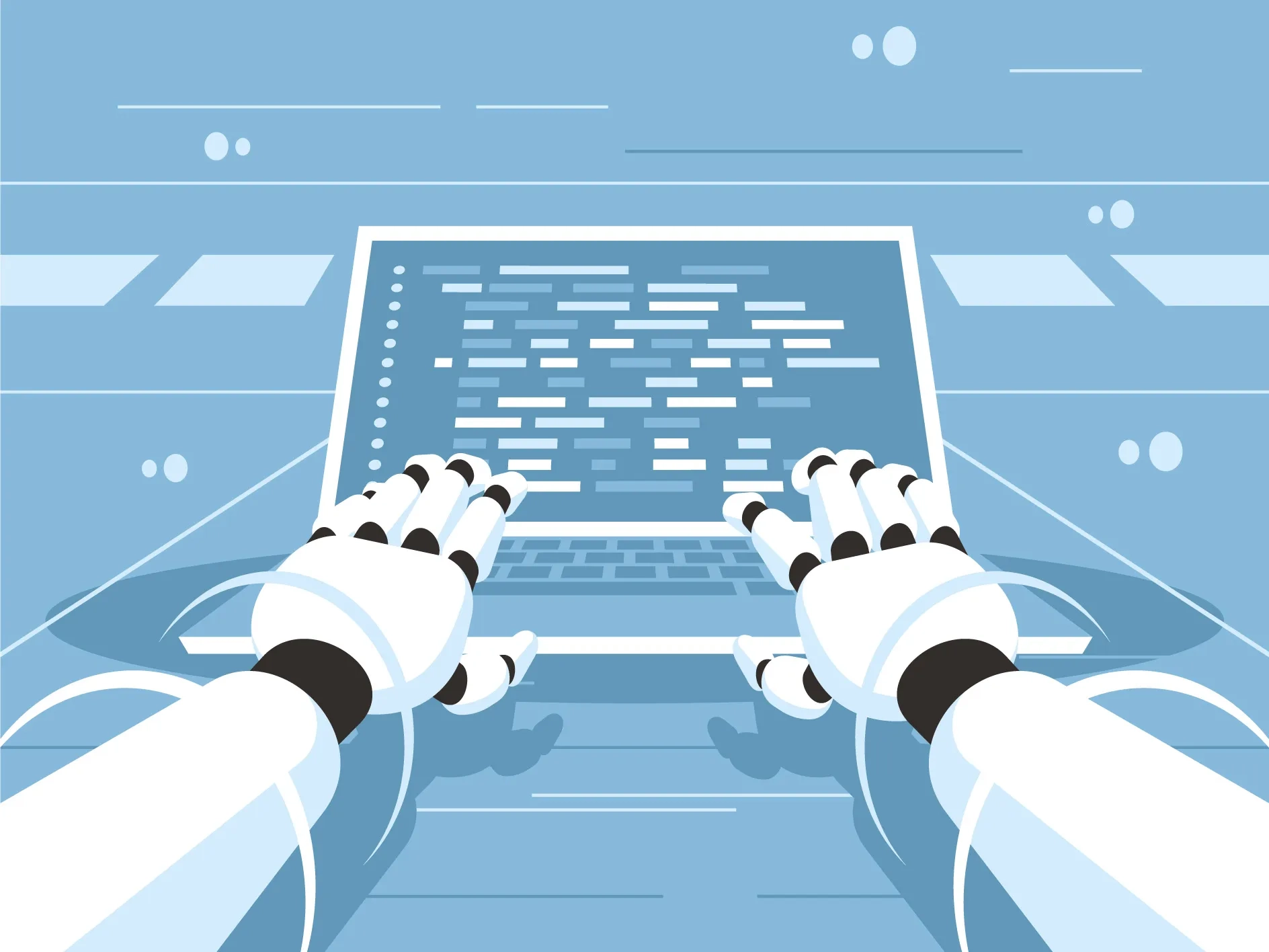 Illustration der Ich-Perspektive eines Roboters, der am Computer arbeitet