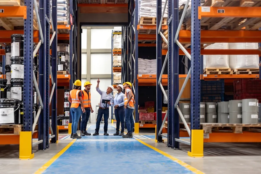 Un chef d'équipe parle à un groupe d'employés lors d'une réunion dans un entrepôt de distribution