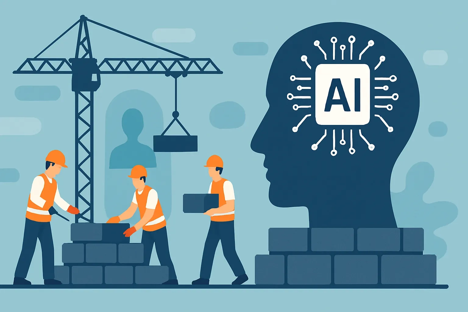 Eine Vektorgrafik, die eine Baustelle zeigt, die von einem KI-Kopf angeleitet wird