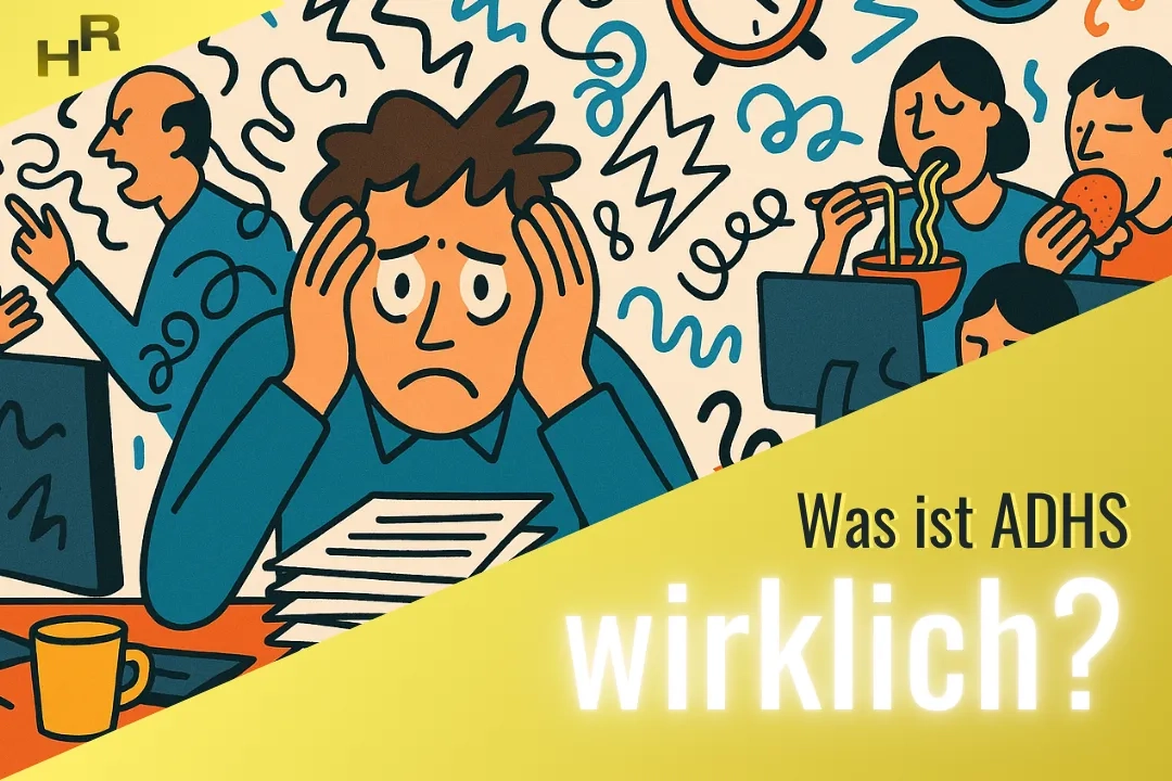 Teaserbild für die ADHS-Sommerserie. Eine Illustration einer Person mit ADHS, umgeben von Lärm und Gerüchen.