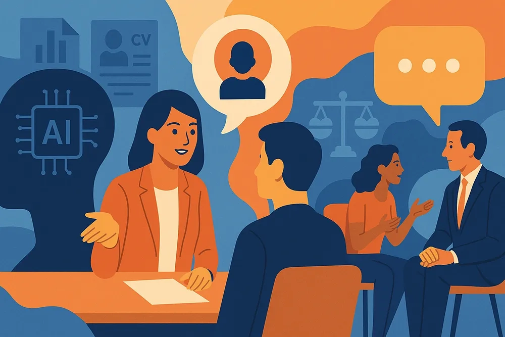 Eine bunte Illustration zeigt vier Personen, die in einer geschäftlichen Umgebung miteinander interagieren, umgeben von Symbolen, die künstliche Intelligenz, Lebensläufe, Kommunikation und Gerechtigkeit darstellen. Auf der linken Seite ist eine Frau in einem orangefarbenen Blazer zu sehen, die an einem Tisch sitzt und mit einer Geste spricht, während ihr gegenüber ein Mann von hinten zu sehen ist. Im Hintergrund auf der linken Seite ist eine große, blaue, gesichtsähnliche Silhouette mit der Aufschrift "AI" 