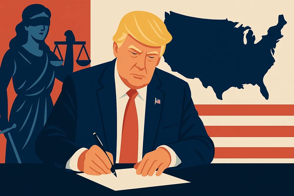 Illustration im Vektorstil: US-Präsident Donald Trump unterzeichnet ein Dokument an einem Tisch. Im Hintergrund eine stilisierte Justitia mit verbundenen Augen und Waage, sowie die Umrisse der USA vor rot-weissem Streifenmuster – eine bildliche Darstellung der Executive Order 14173 und ihrer politischen Symbolik.